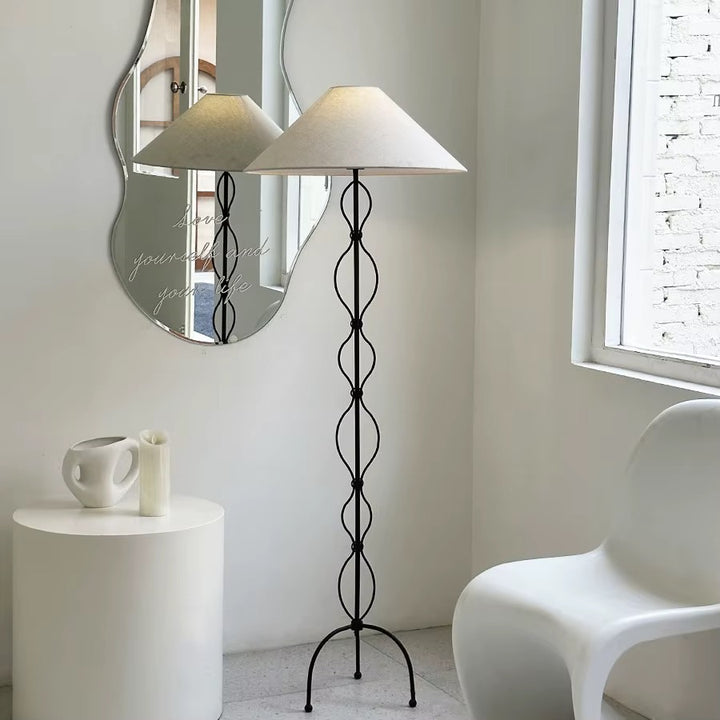 Black Metal Loop Floor Lamp with Beige Fabric Shade