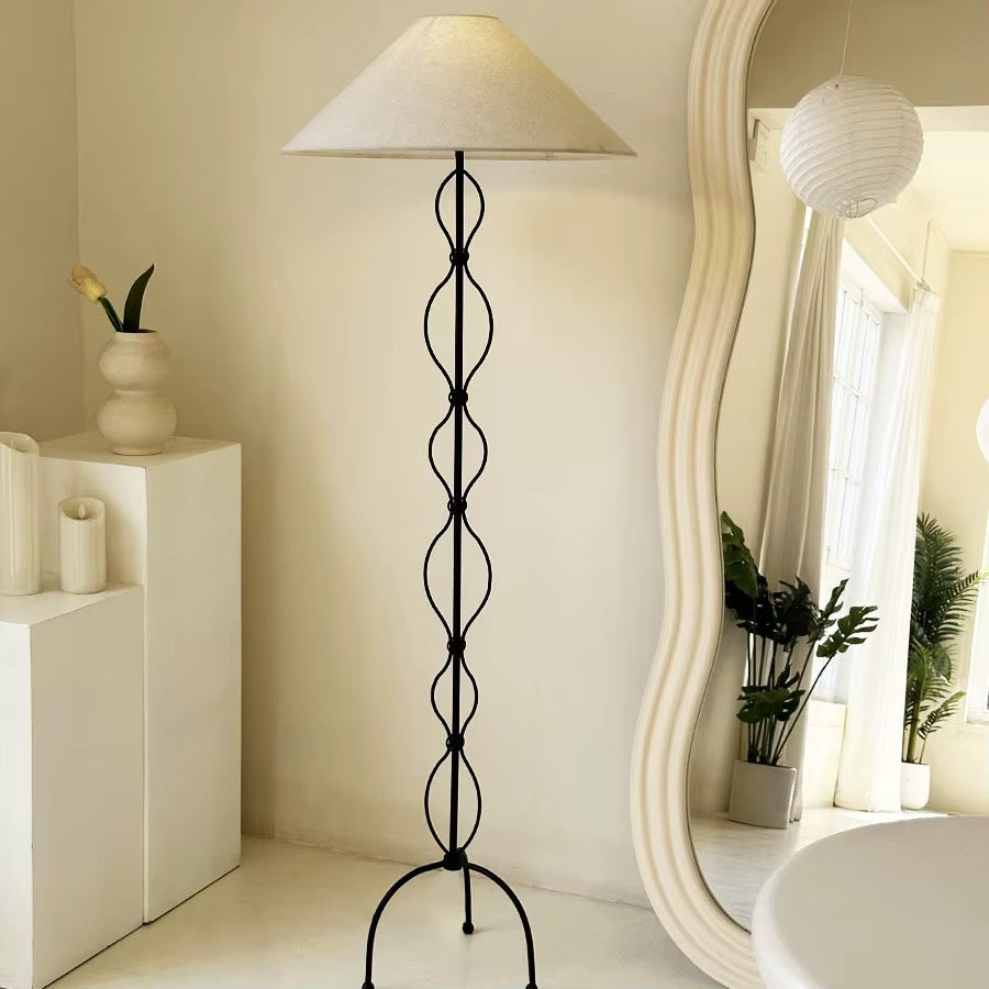Black Metal Loop Floor Lamp with Beige Fabric Shade