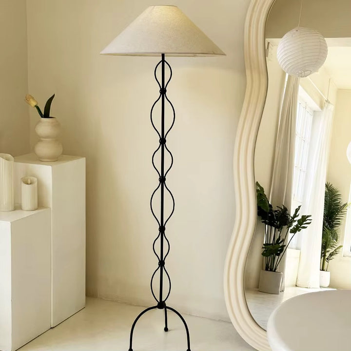 Black Metal Loop Floor Lamp with Beige Fabric Shade