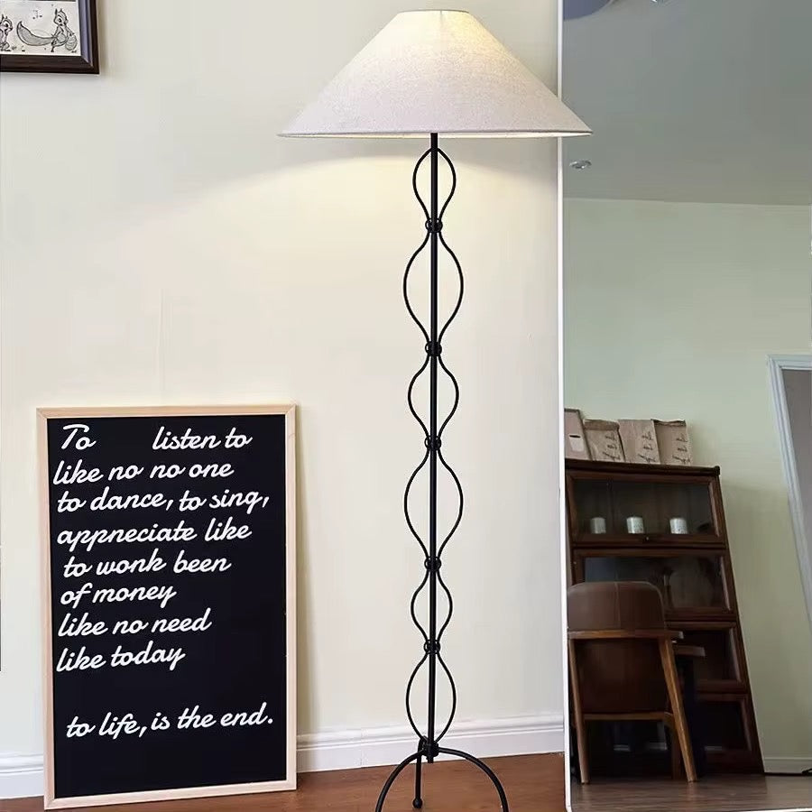 Black Metal Loop Floor Lamp with Beige Fabric Shade