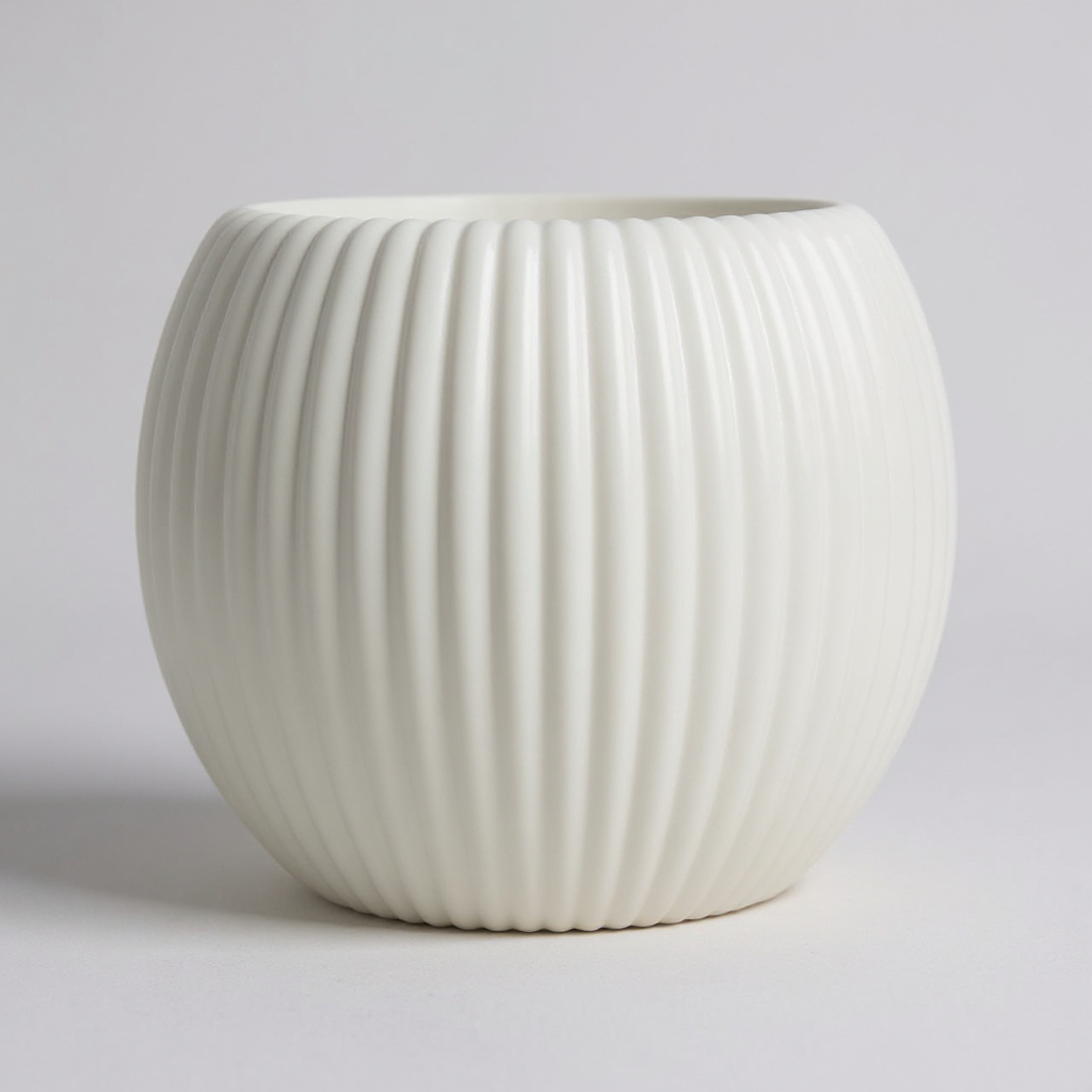 White ceramic pot with ribbed texture on a light gray background
