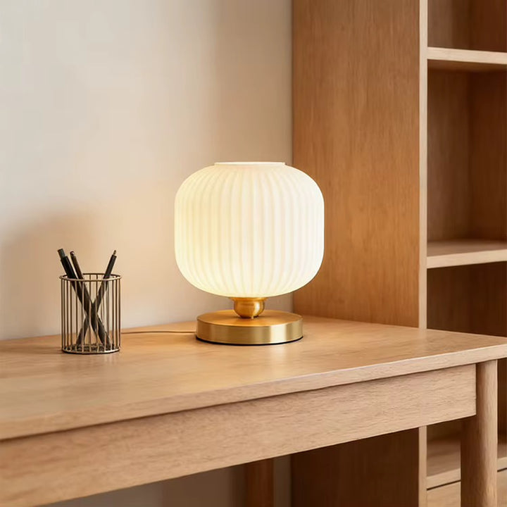 Ribbed Opal Glass Table Lamp with Brass Base
