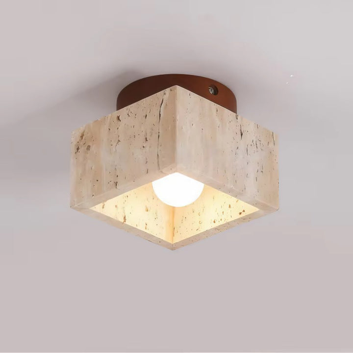 Square natural cork-effect flush-mount ceiling light with a warm glowing bulb