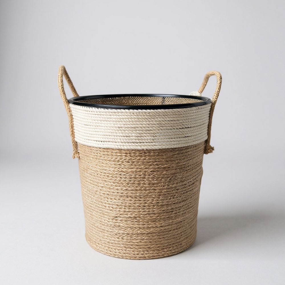 Handwoven jute and cotton storage basket with handles