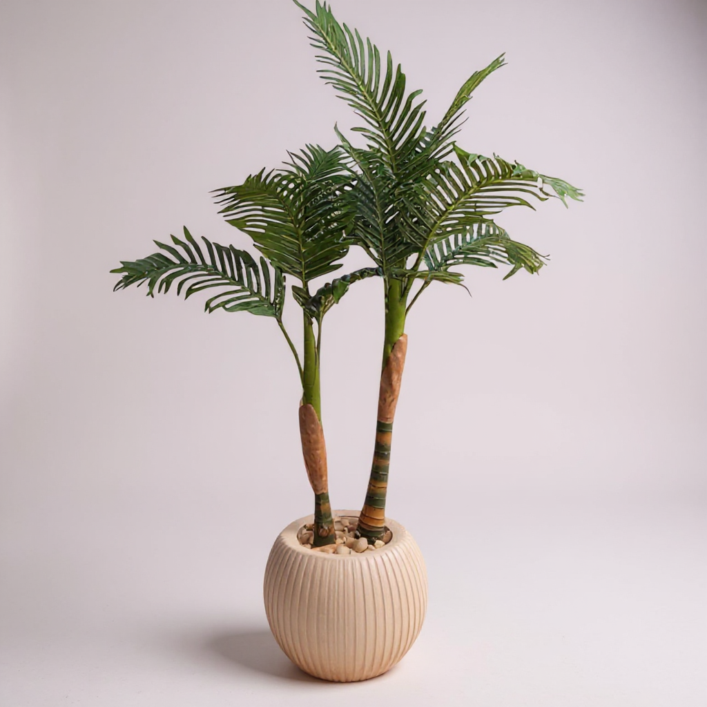 Artificial Areca Palm Plant in White Ribbed Pot