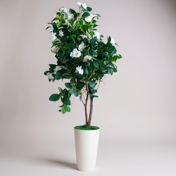 Tall Artificial Camellia Tree with White Flowers in Textured Pot