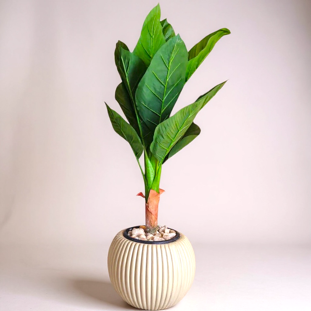Artificial Banana Leaf Plant in Ribbed Beige Pot