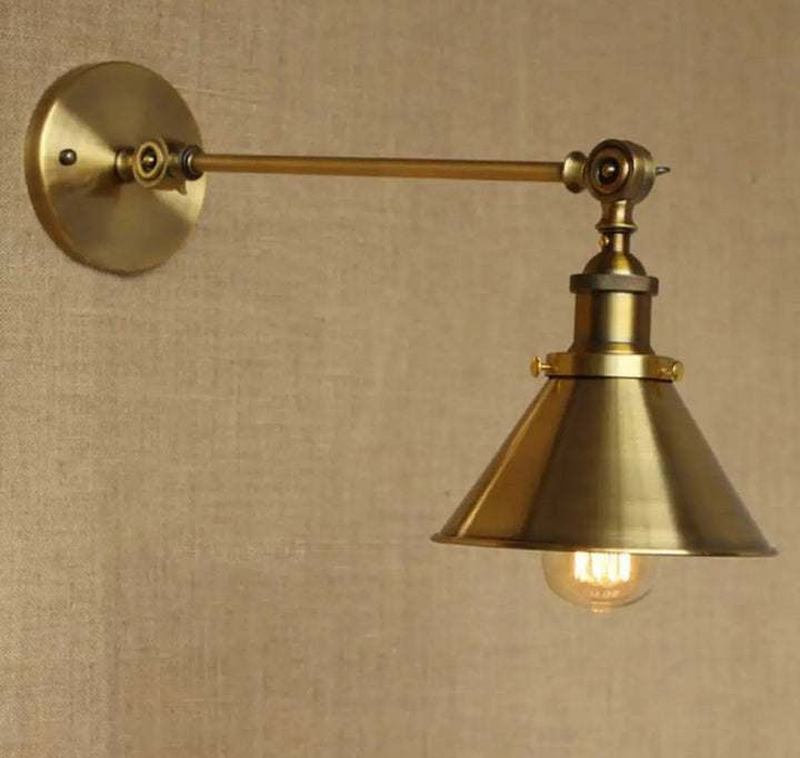 Industrial Adjustable Wall Sconce in Brass Finish with Dimensions