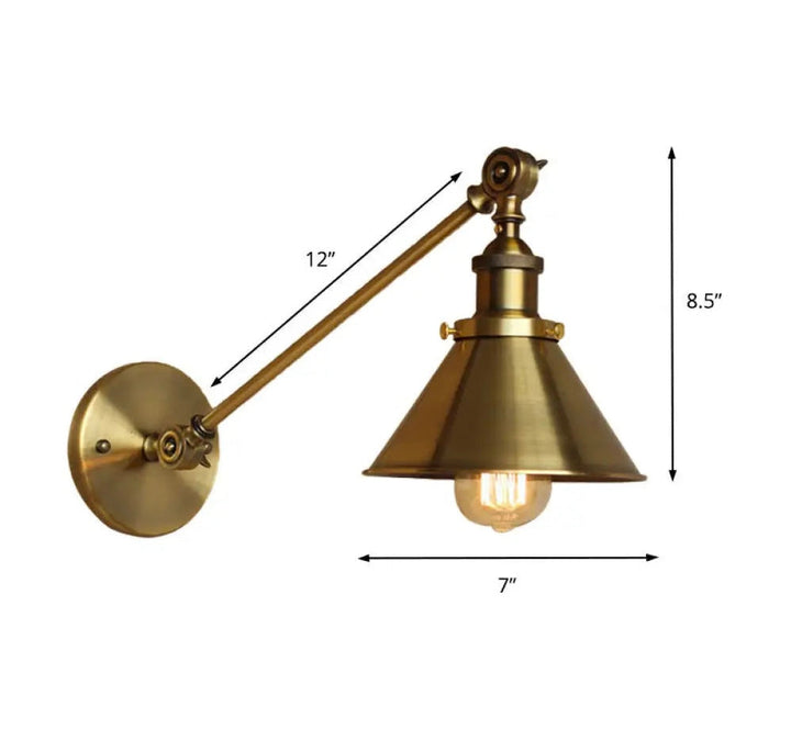 Industrial Adjustable Wall Sconce in Brass Finish with Dimensions