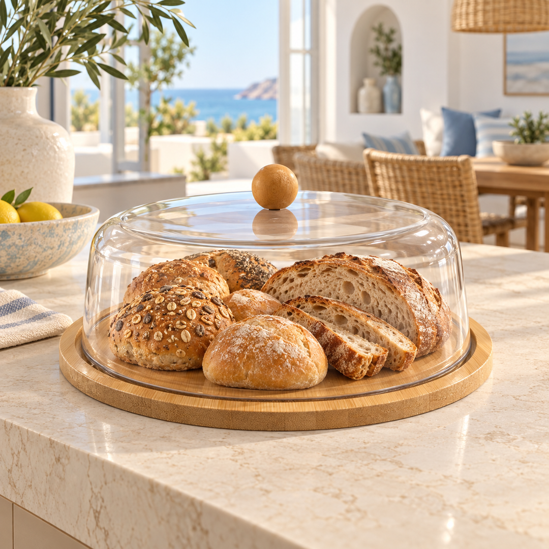 Clear glass bread cloche with a natural wood base displaying fresh bread on a kitchen countertop