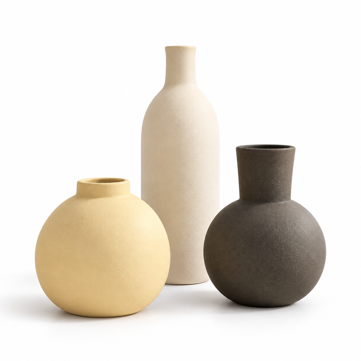 Set of 3 Textured Small Ceramic Decorative Vases in Neutral Tones