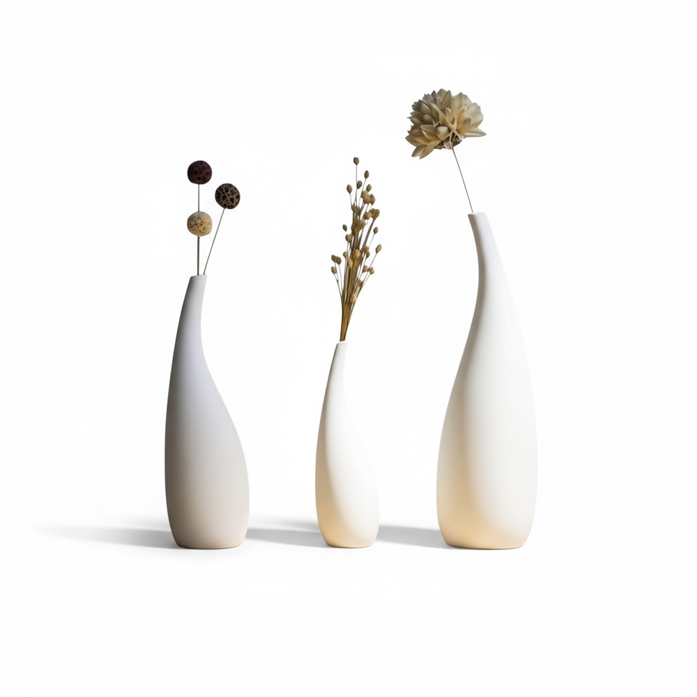 Three white vases with dried flowers on a white background