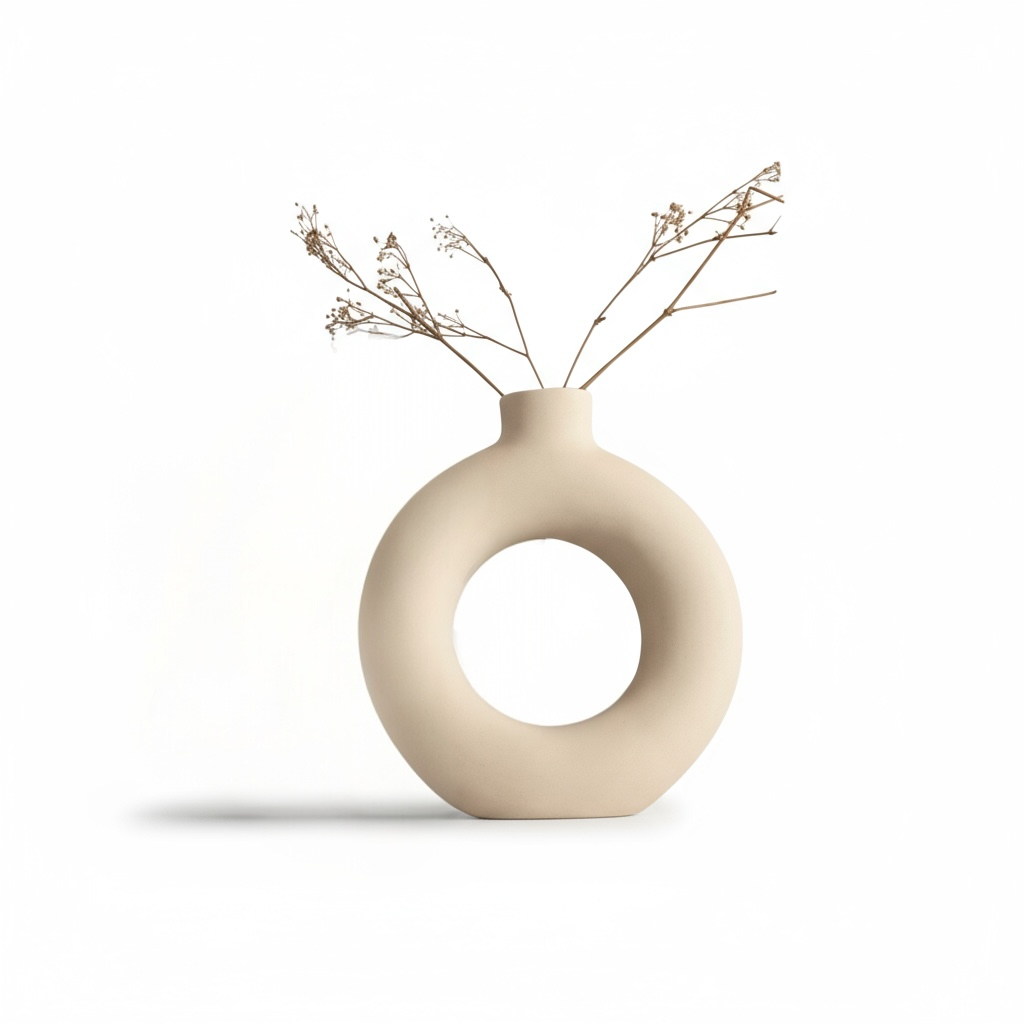 Beige vase with circular design on a white background