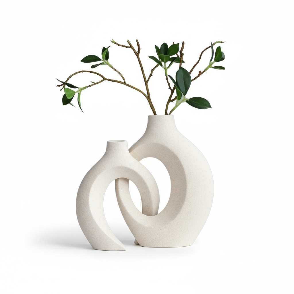 White ceramic vase with circular design holding green branches on a white background
