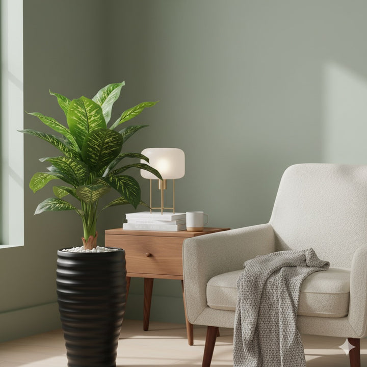 Artificial Dieffenbachia Plant in Tall Black Ribbed Pot