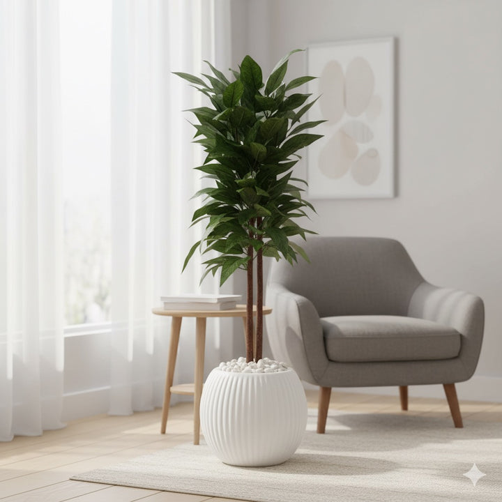 Artificial Laurel Leaf Tree in White Ribbed Pot