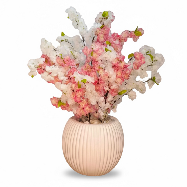 Artificial Soft Sakura Blossom in Ribbed Pot
