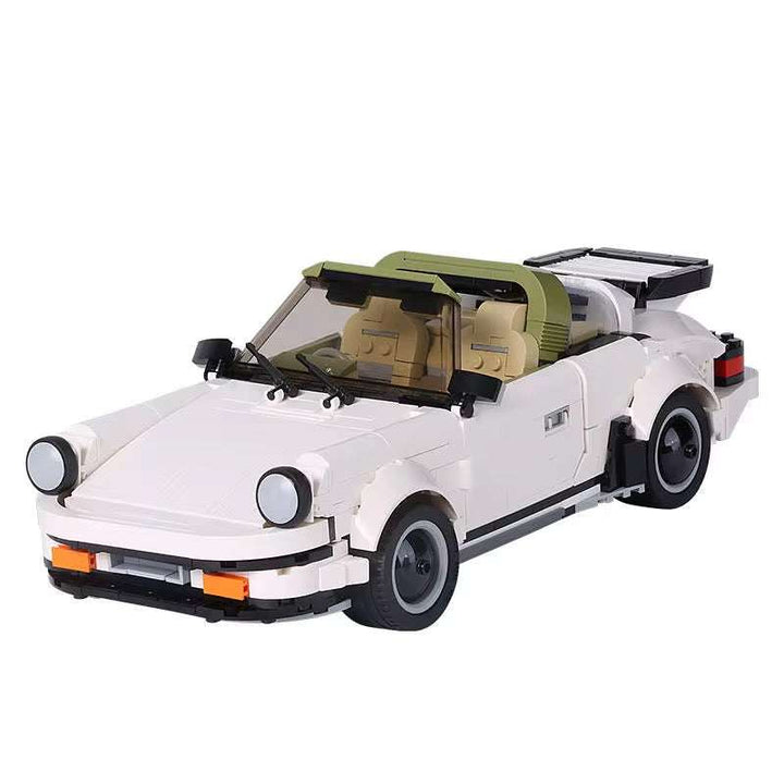 Sleek white sports car building block model with modern curves and racing design