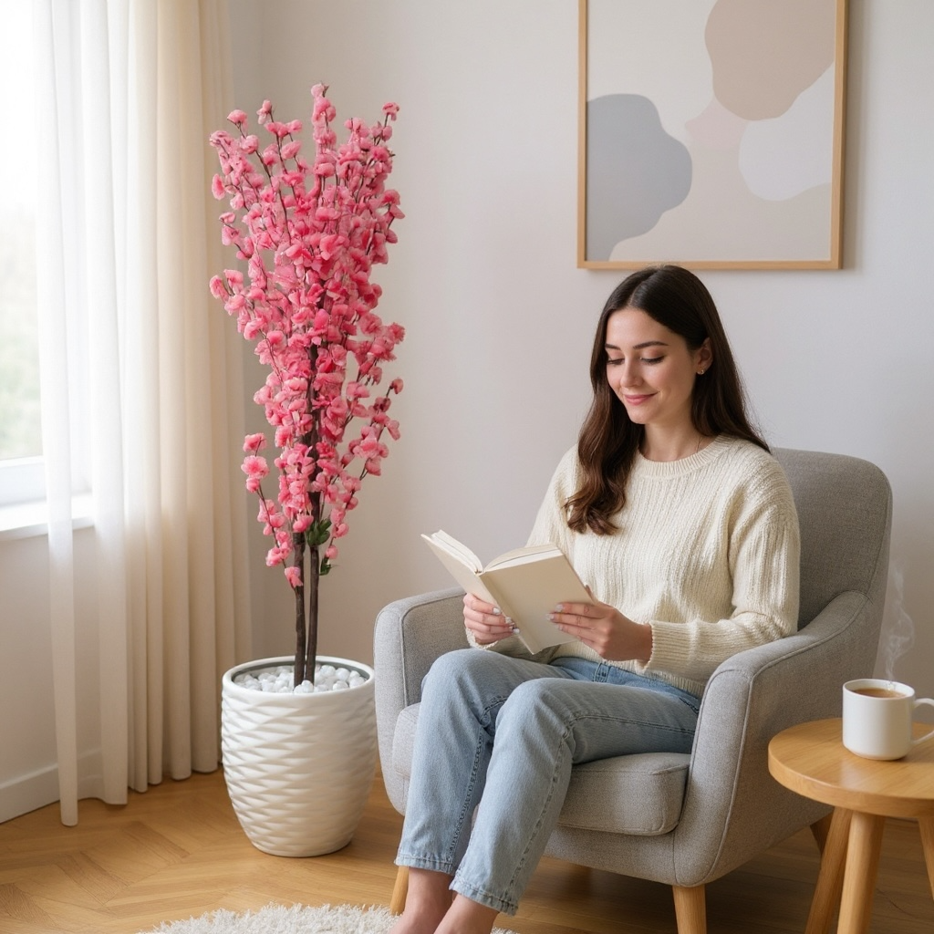 Apricot Artificial Pink Tree in Textured Pot