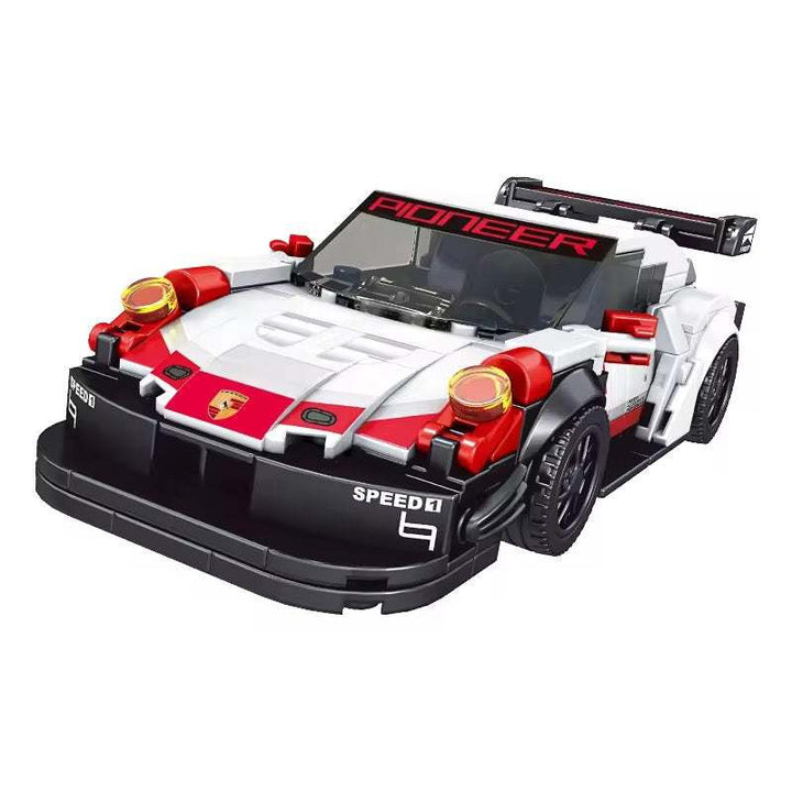 White sports model car with racing accents for collectors and display