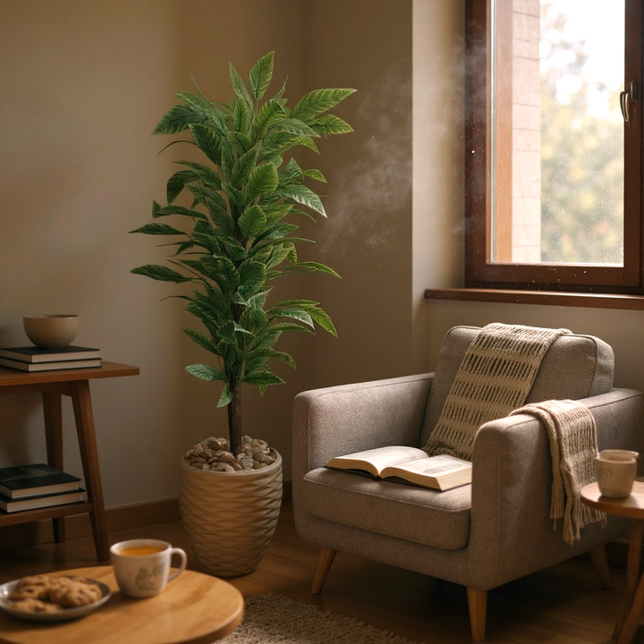 Artificial Variegated Leaf Tree in Tall White Pot
