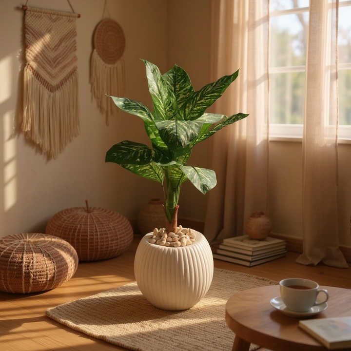 Artificial Dieffenbachia Plant in White Ribbed Pot