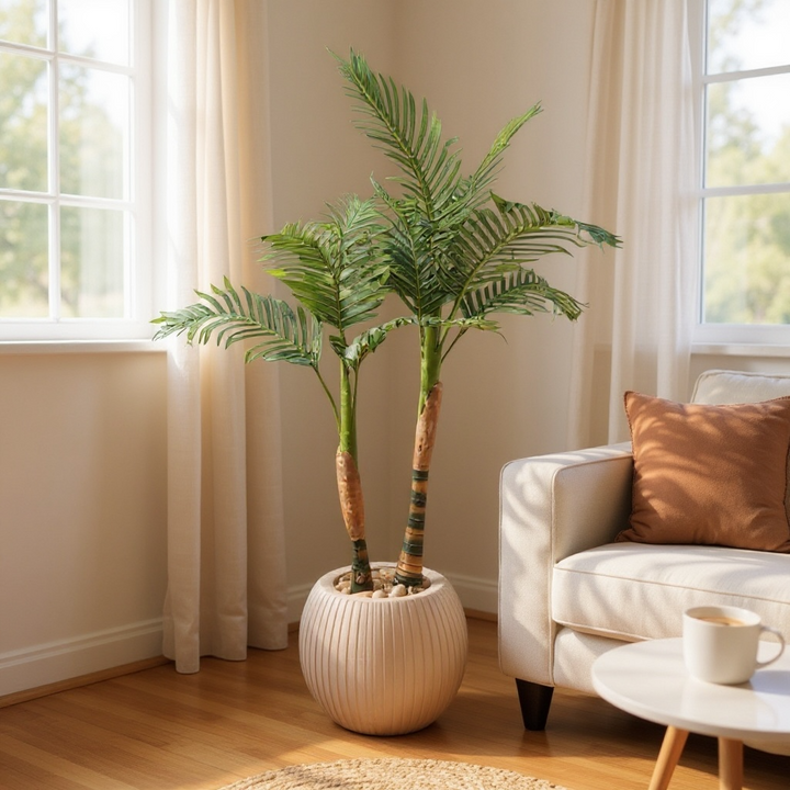 Artificial Areca Palm Plant in White Ribbed Pot