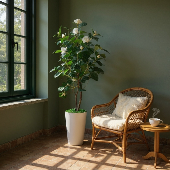 Tall Artificial Camellia Tree with White Flowers in Textured Pot