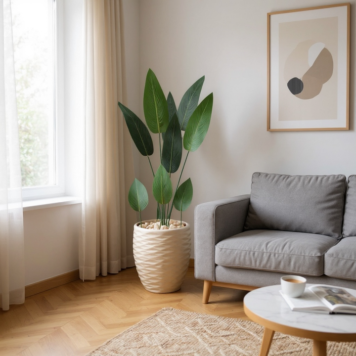 Artificial Medium Tropical Leaf Plant in White Pot