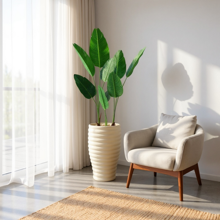 Artificial Banana Leaf Plant in Tall White Ribbed Pot