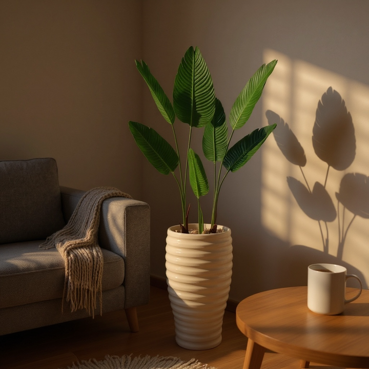Artificial Banana Leaf Plant in Tall White Ribbed Pot
