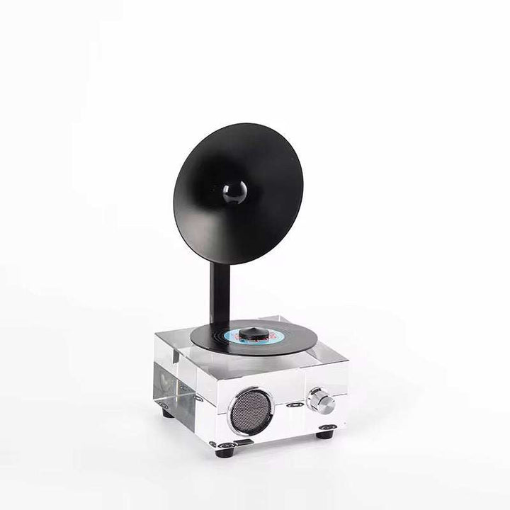 Minimalist retro gramophone speaker blending vintage style with modern decor