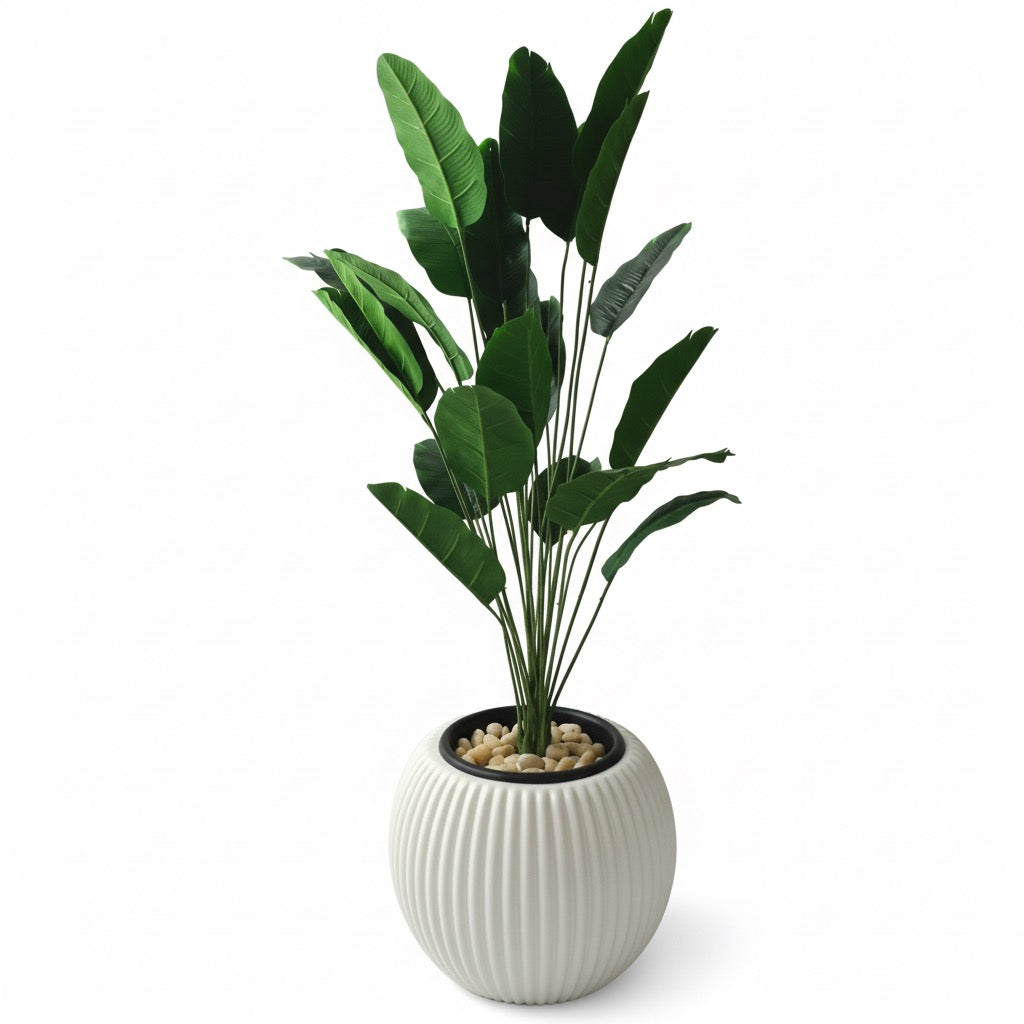 Artificial Bird of Paradise Plant in Ribbed White Pot