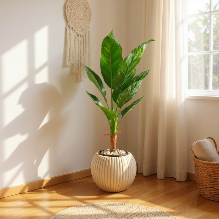 Artificial Banana Leaf Plant in Ribbed Beige Pot