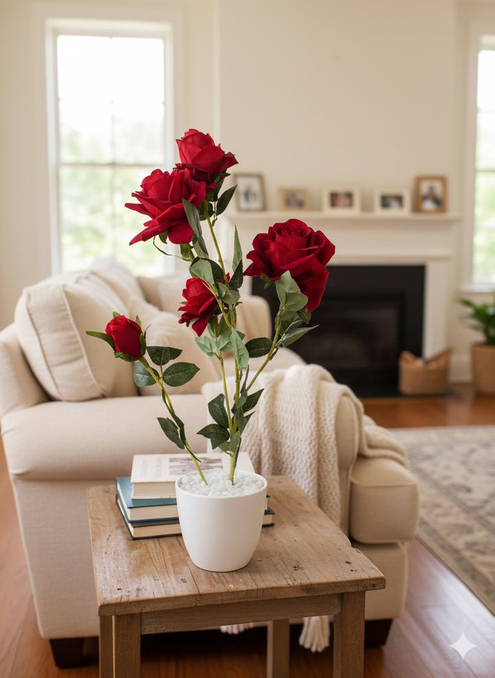 Artificial Red Rose Arrangement in White Pot