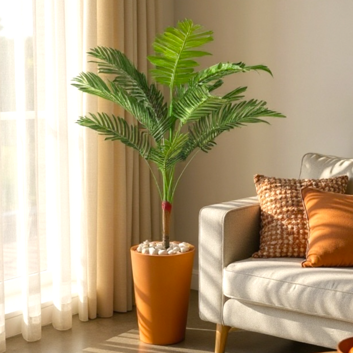 Artificial Palm Plant in Ribbed Pot with Pebbles