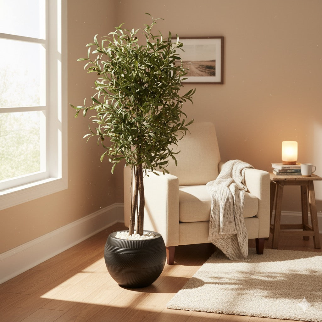 Artificial Olive Tree in Black Ribbed Pot