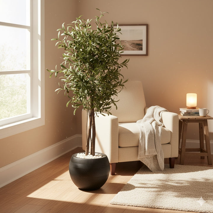Artificial Olive Tree in Black Ribbed Pot