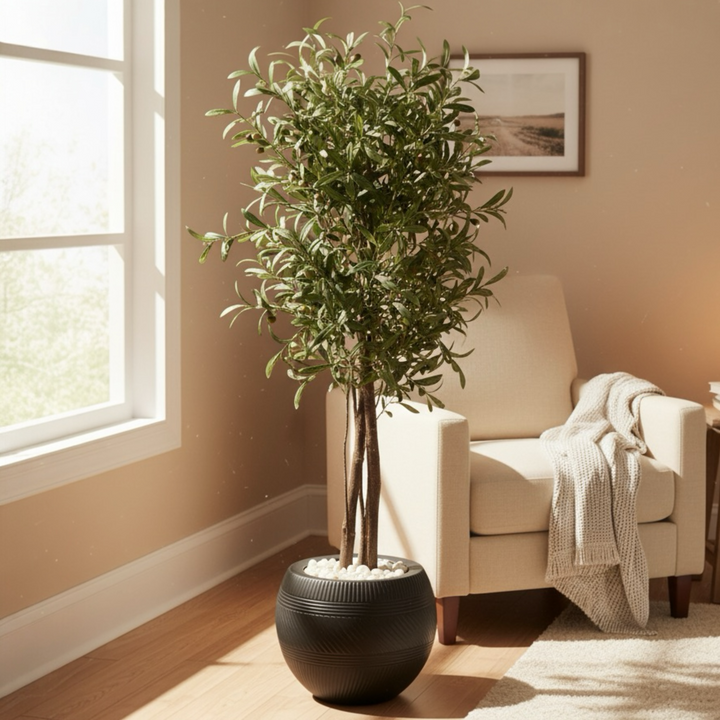 Artificial Olive Tree in Black Ribbed Pot