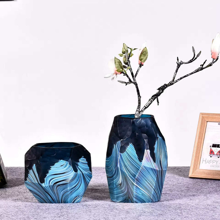 Set of 2 modern blue textured decorative vases for elegant interiors