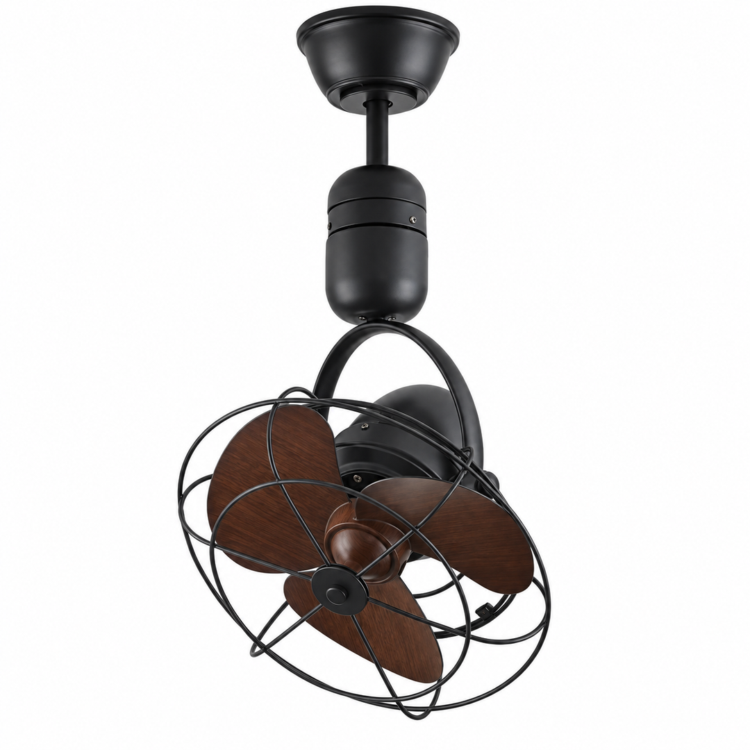 Black ceiling fan with wood-tone blades and a protective wire cage mounted to the ceiling