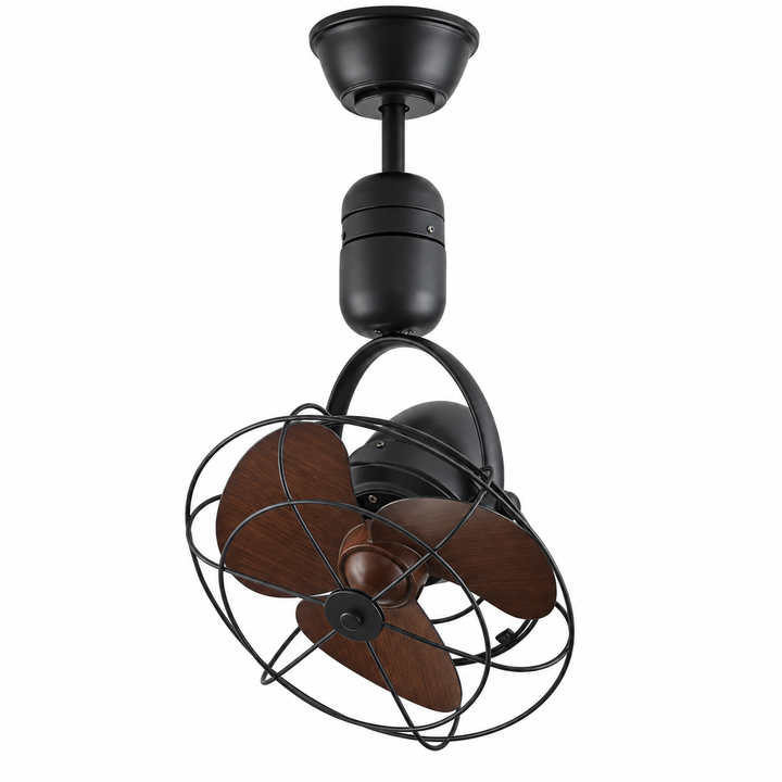 Black ceiling fan with wood-tone blades and a protective wire cage mounted to the ceiling