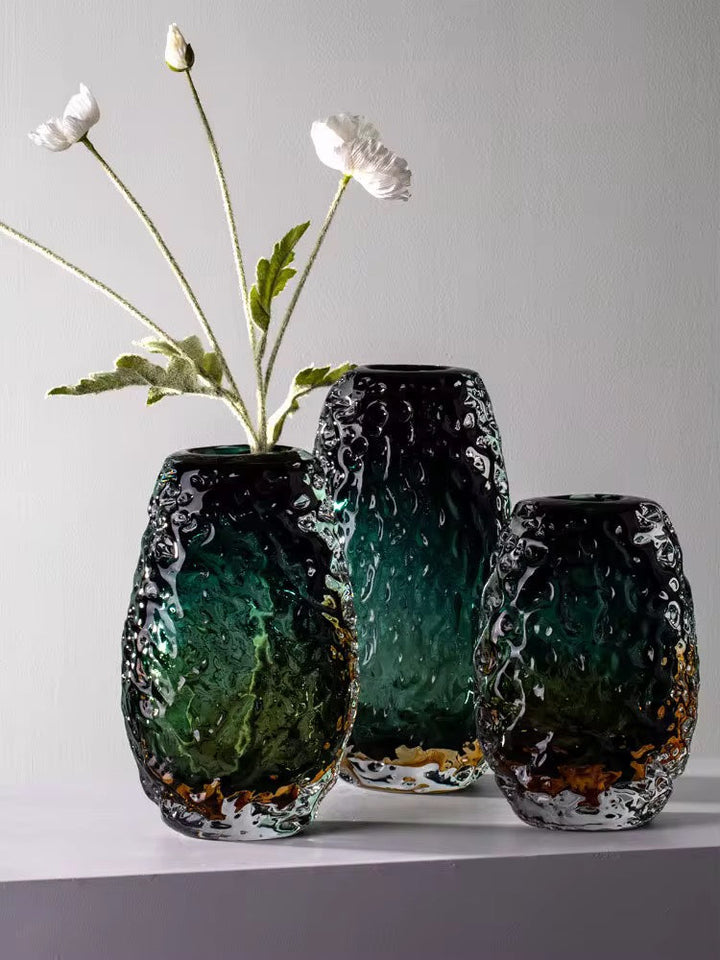 Emerald Textured Glass Vase set of 3