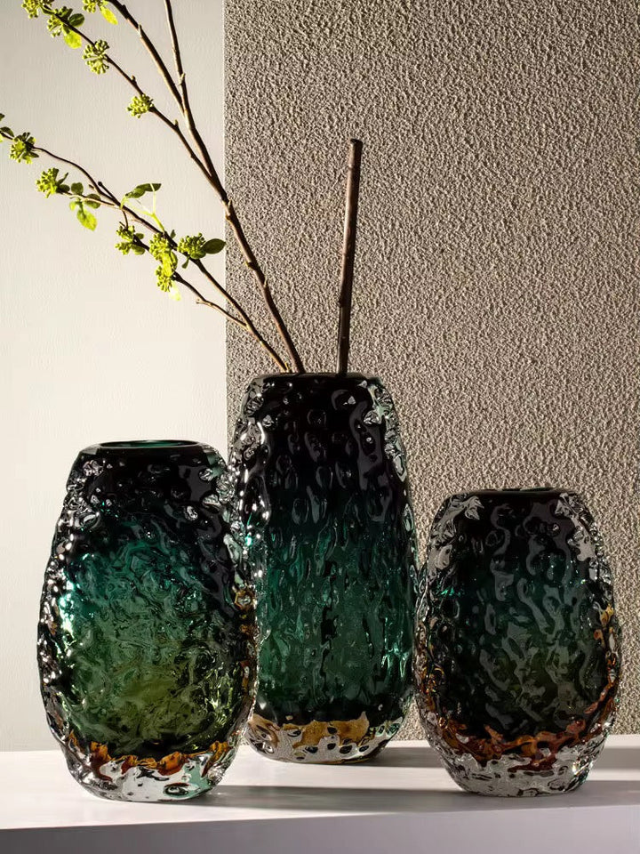 Emerald Textured Glass Vase set of 3