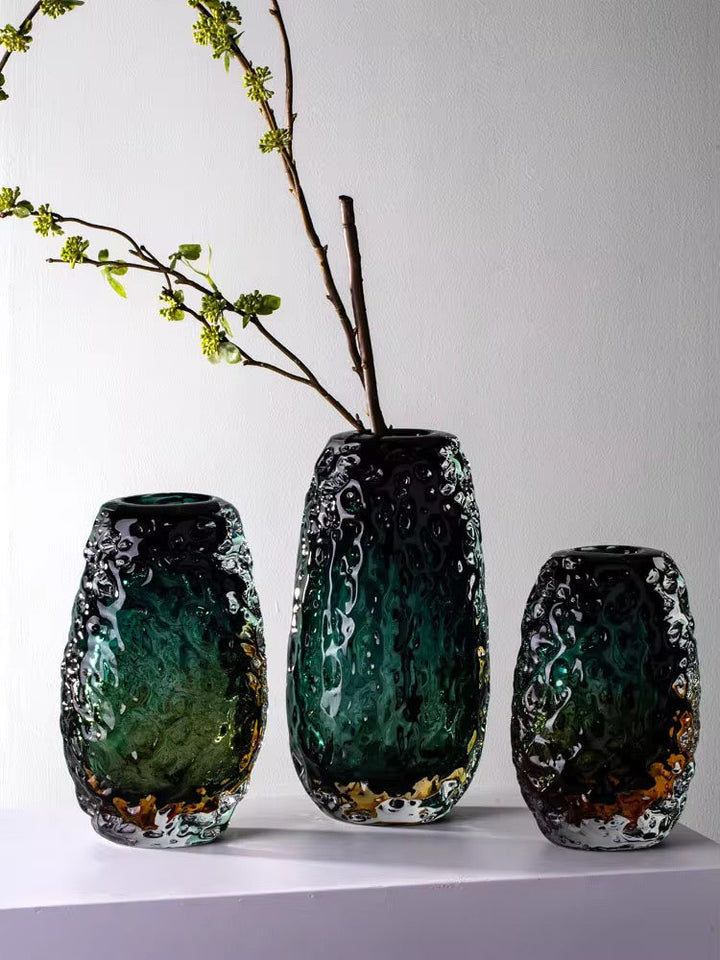 Emerald Textured Glass Vase set of 3