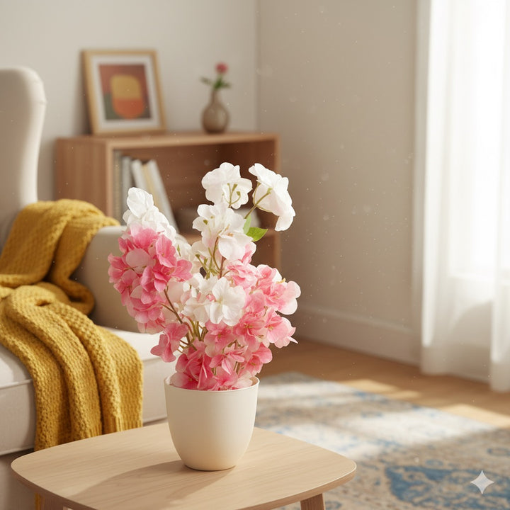 Petalia - Small Artificial Pink & White Blossom Arrangement in Pot