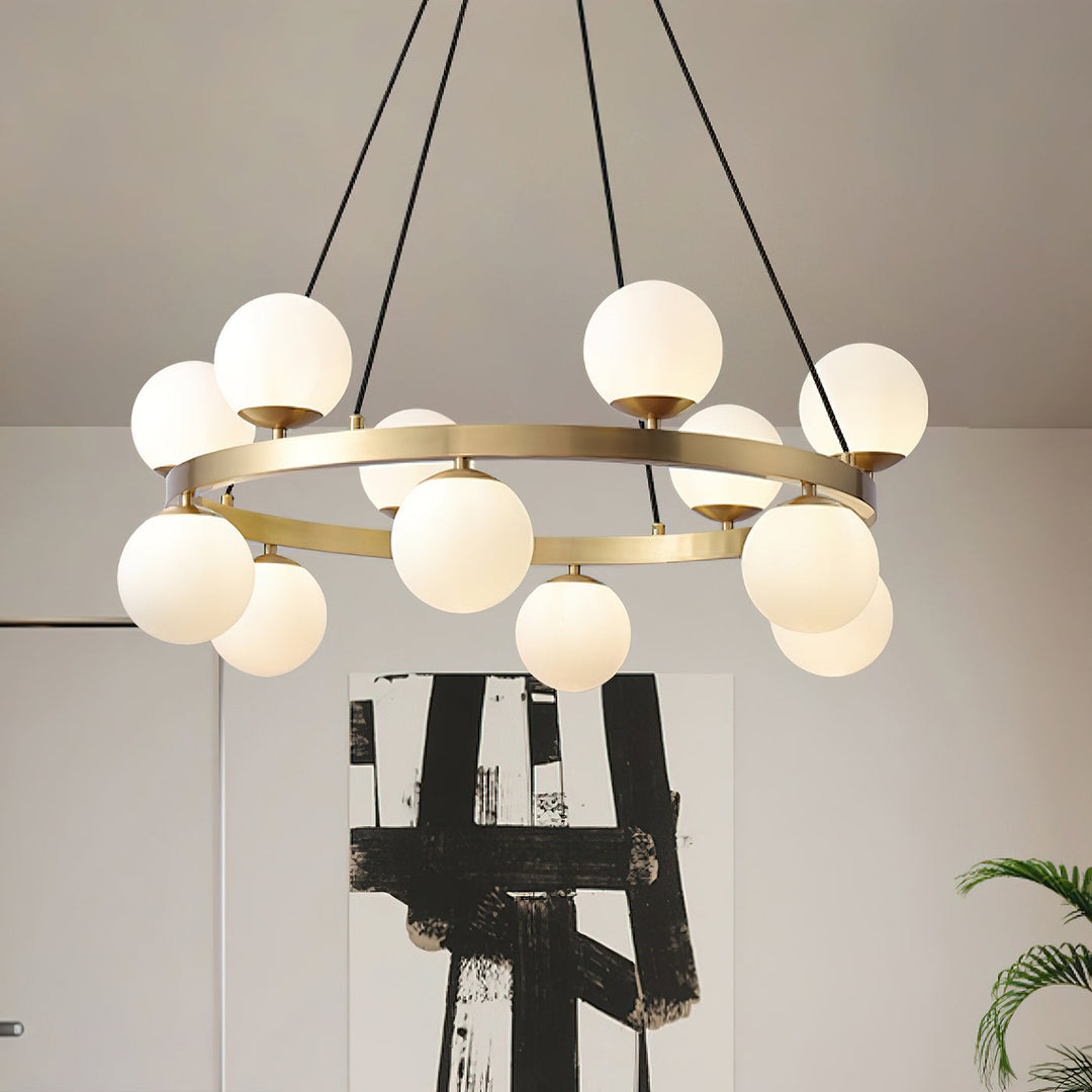 Modern Brass Orb Chandelier with Opal Glass Globes