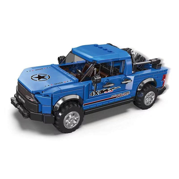 Blue off-road building block truck with rugged tires and realistic details
