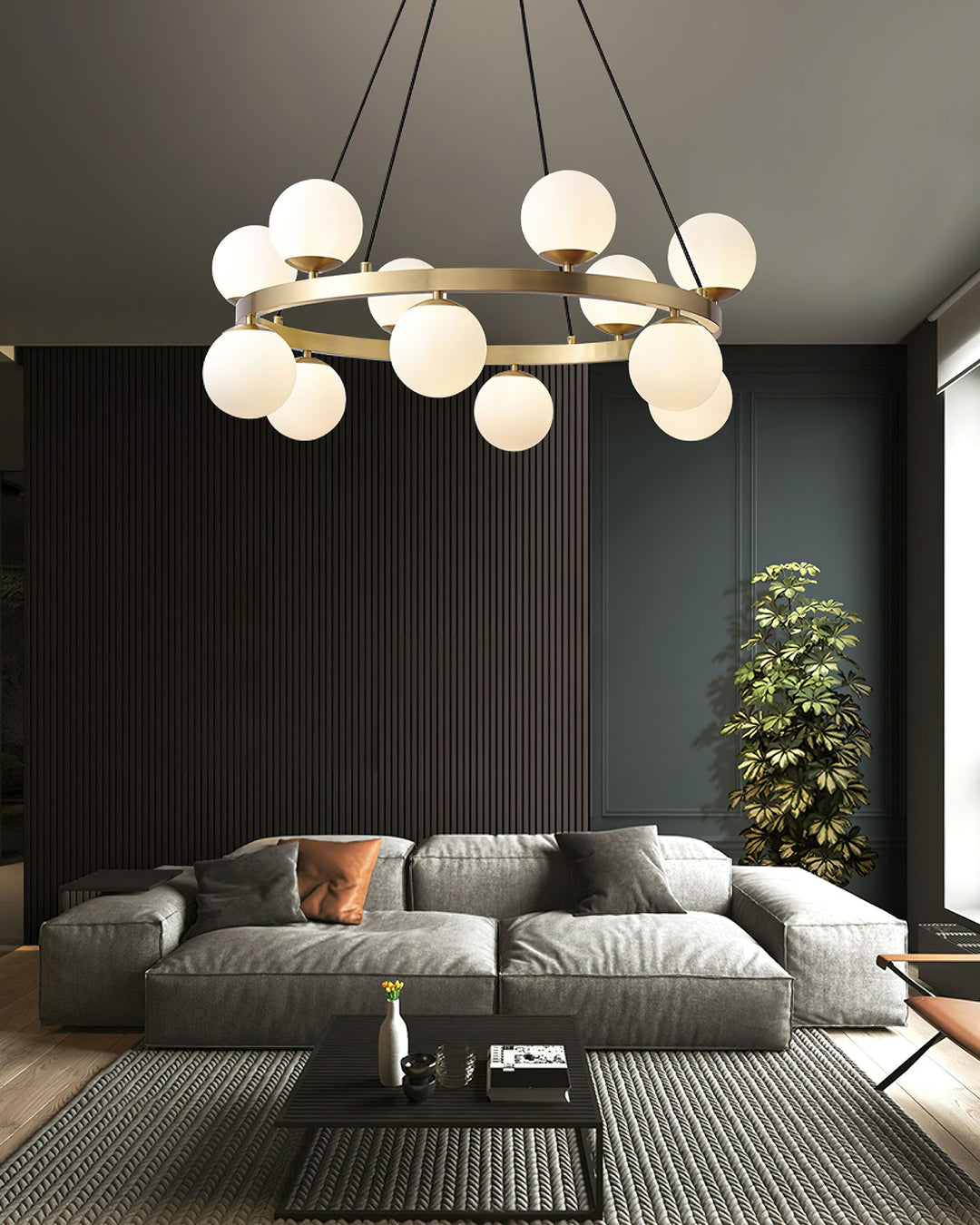 Modern Brass Orb Chandelier with Opal Glass Globes