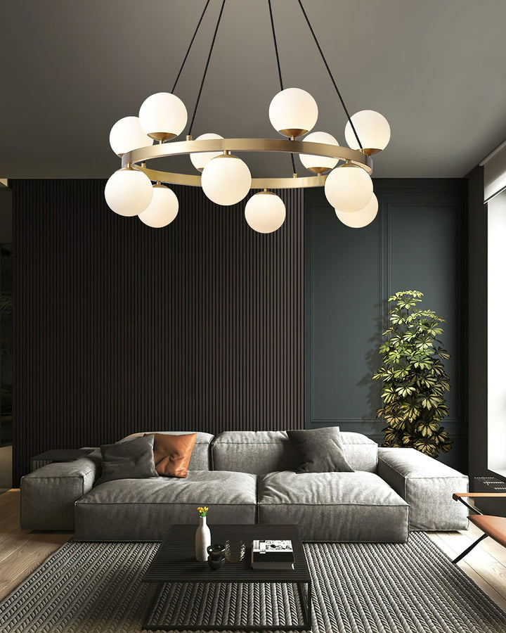 Modern Brass Orb Chandelier with Opal Glass Globes